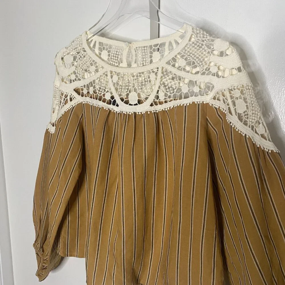 Zara crochet striped cotton long sleeve boho blouse size small